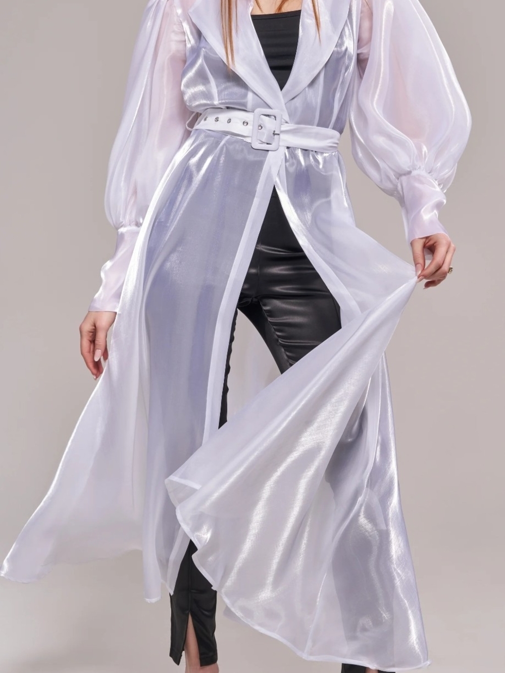Azalea Wang Cassara White Sheer Trench Coat with Belt